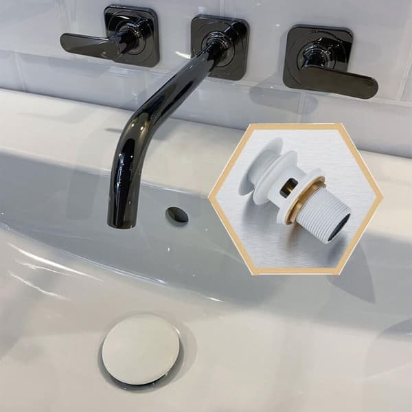 Bottenventil med bräddavlopp, avloppsplugg, pop-up-ventil, universal bottenventil för tvättställ och kommod (vit)