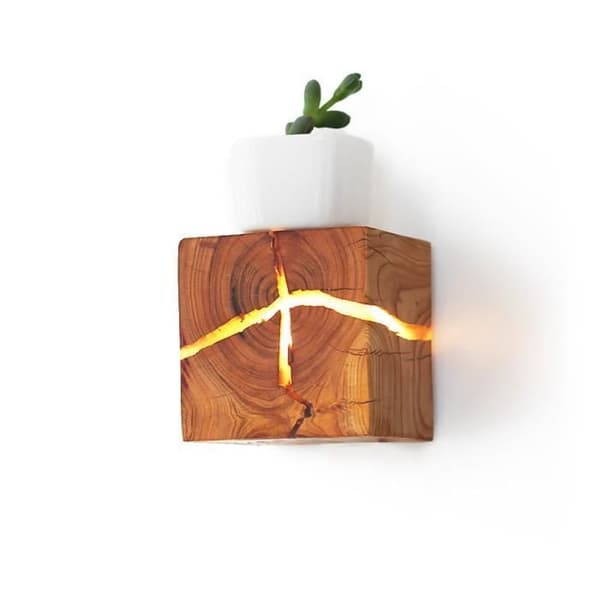 Væglampe - Gummitræ - LED - 8x8x8 cm - Brun