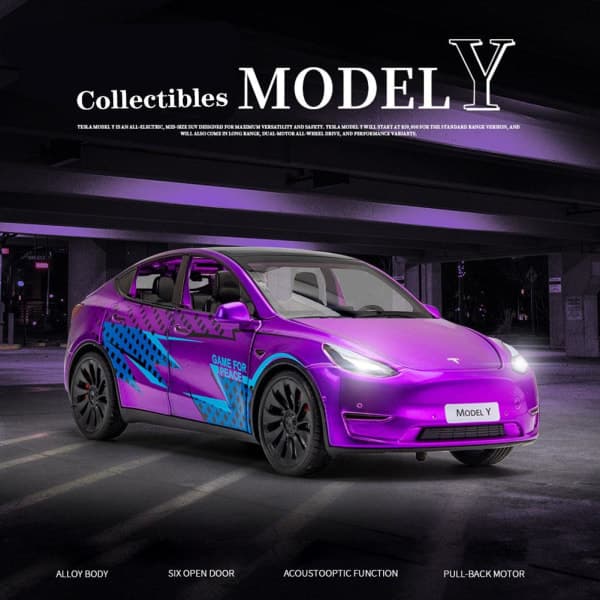 Legetøjsbil i legering til Tesla Model Y, Model Y med lyd og lys, hvid
