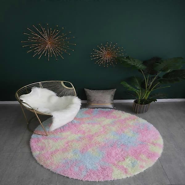 Diameter 80cm/31.5\" Runde tæpper, fluffy runde tæpper, bløde plys tæpper velegnet til soveværelse/stue (regnbuefarve)