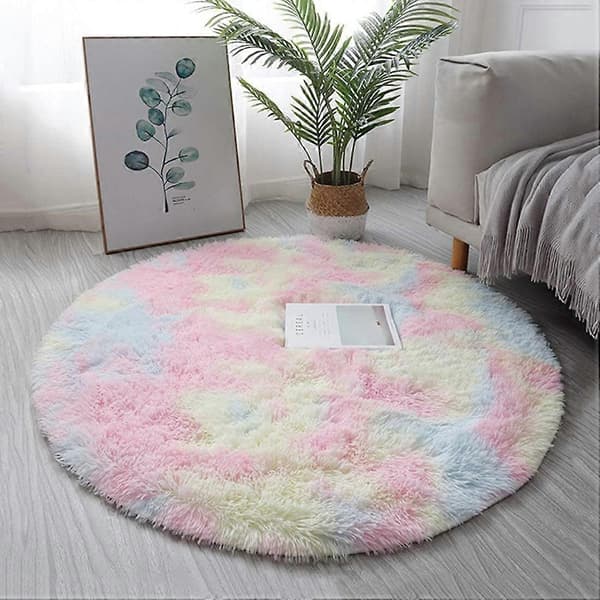 Diameter 80cm/31.5\" Runde tæpper, fluffy runde tæpper, bløde plys tæpper velegnet til soveværelse/stue (regnbuefarve)