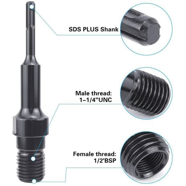 190 mm SDS Plus-adapter til kerneboremaskine – 1-1/4\" UNC-gevind – Stål af høj kvalitet til diamantkerneboring – Længde 190 mm