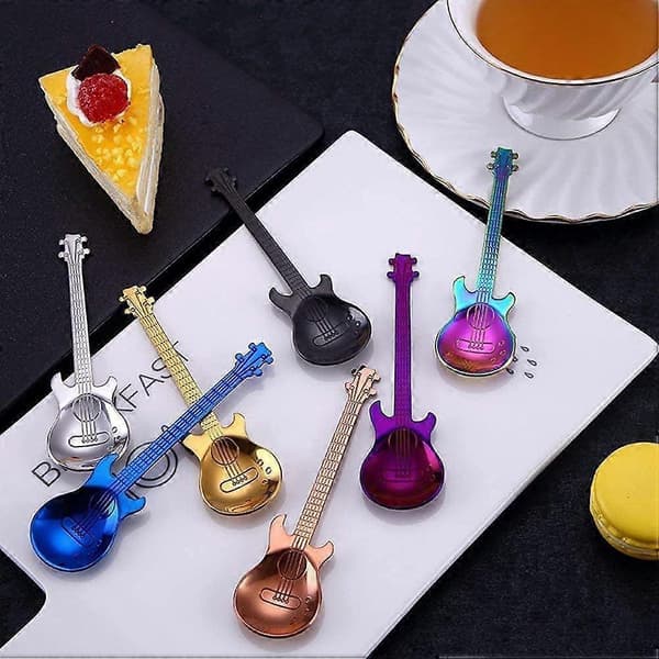 Gitarrkaffeteskedar, 7 st färgglada kaffeskedar i rostfritt stål, set för omrörning/blandning/socker