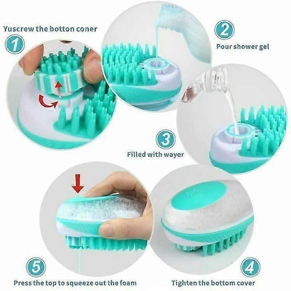 2-i-1 kjæledyrmassasjebørste sjampodispenser for pelsstell, bust