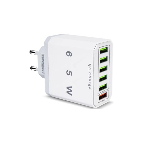 Multi-USB-oplader, 65W 6-ports USB-hurtigoplader med QC 3.0 Smart hurtigoplader, Universal USB-A strømadapteroplader til 15 Pro Max, 14 Plus