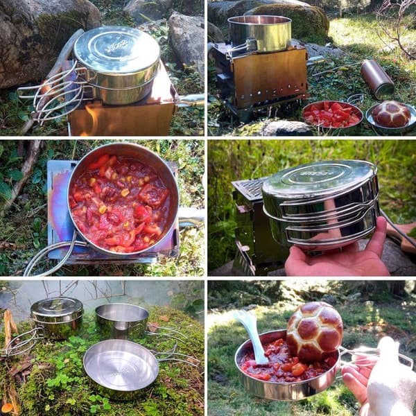 Camping kogegrejssæt - Rustfrit stål - 4 dele - Gryder og pander - Kompakt og stabelbart