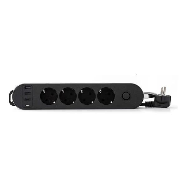 4-veis strømskinne 16A + 4 USB-porter (3 USB-A + 1 USB-C PD20W) med bryter, 2M kabel, svart