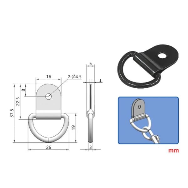 Set med 8 D-ringar - Järn - För släpvagnar - Maxlast: 30 kg per ring - För släpvagnar och lastbilar