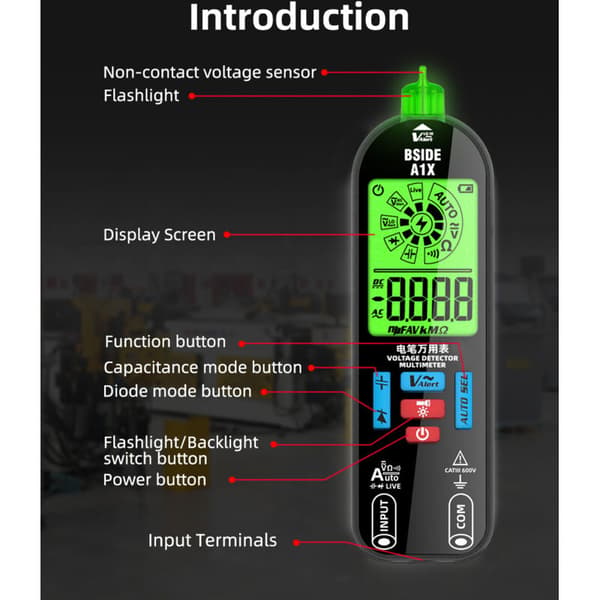 Automatisk Multimeter, Smart Digital Multimeter, Amperemeter, Voltmeter, USB Genopladelig med Stor Farveskærm
