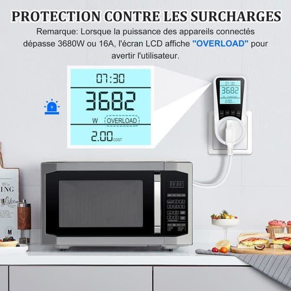 Stikdåse-wattmeter - LCD-energimåler, 7 tilstande, 90-dages hukommelse, 3680W/16A beskyttelse