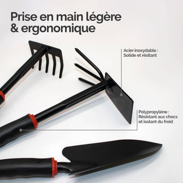 Sæt med 3 håndredskaber i rustfrit stål til haven, sort — ergonomisk planteske, rive og håndhakke