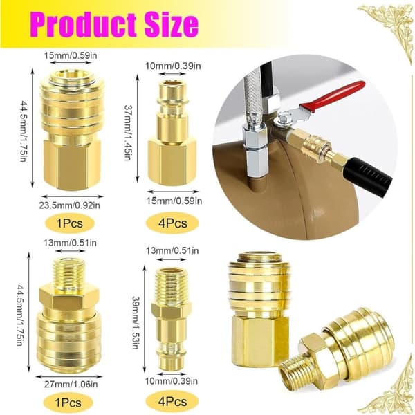 10 Stykker 1/4\" BSP Europæisk Lynkobling, Pneumatisk Kompressor Luftfitting Guld, 1/4 Tomme Lynkobling