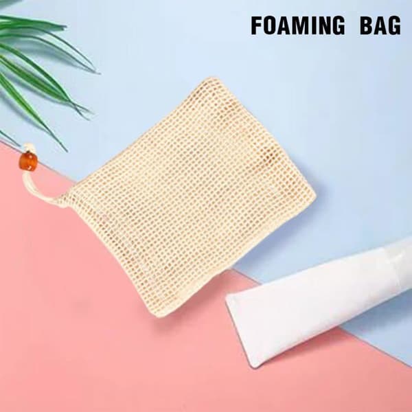Sett med 4 beige såpeposer i bomull og netting, 14 x 9 cm, med bæreveske