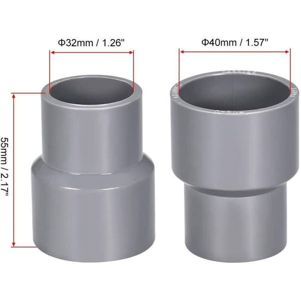 40 mm x 32 mm PVC-rørreduksjonskobling Hub DWV grå 2 stk.