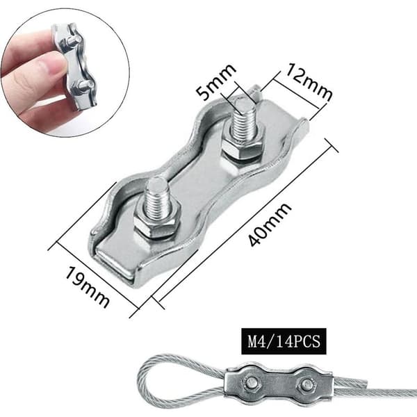 14 stk. Duplex-klemmer M4 Wire Rope Clips Rustfrit Stål 304 Duplex-klemmer til 4 mm wire-rigging