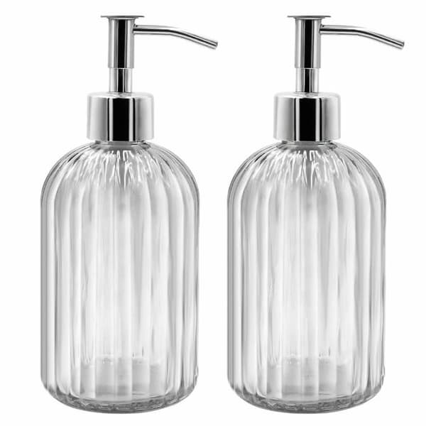 Set med 2 tvålpumpar i glas, 400 ml – plastpump, texturerad transparent, halkfri