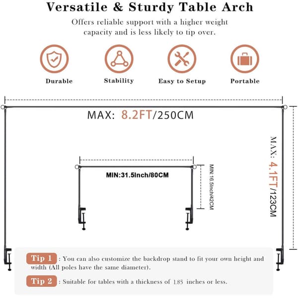 Justerbar metallbåge för bord, 42cm-123cm hög och 80cm-250cm lång, för bröllop, födelsedagsfester, bröllopsdagar och dekorationer.