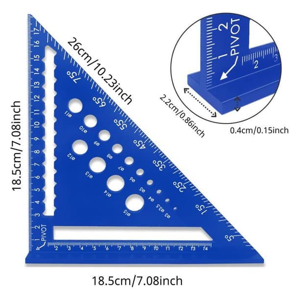 18 cm (7\") blå snickarvinkel i aluminiumlegering - triangelformad linjal med hög precision