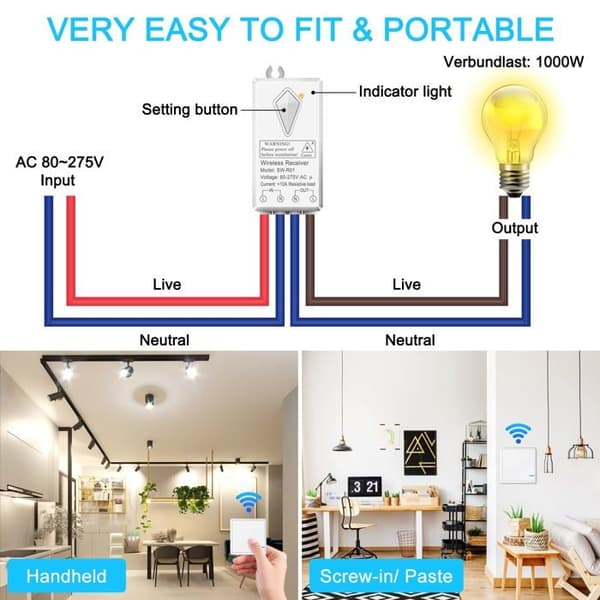 Trådløs bryter med IP66 vanntett mottaker – 86×86 mm, programmerbar (opptil 8), 10 A
