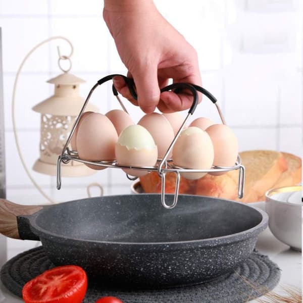 Eggdamperstativ, eggholder for hardkokte egg, eggkokestativ med varmebestandige silikonhåndtak, dampbrett i rustfritt stål for egg