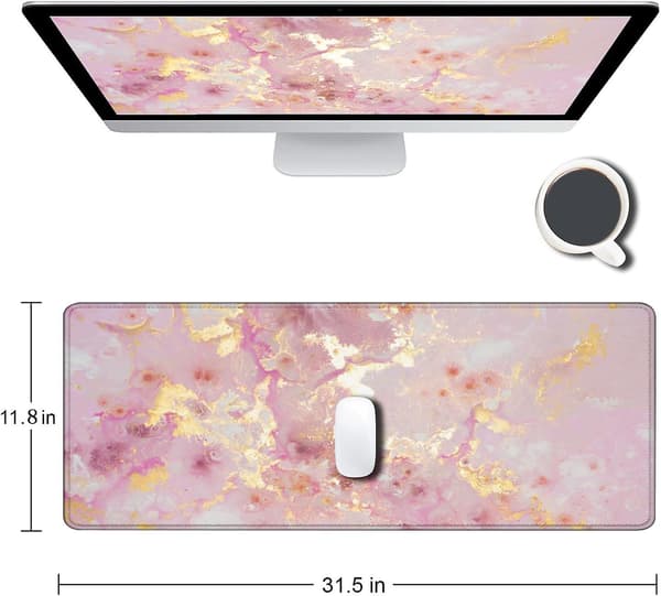 Stor musematte, søt rosa skrivebordsmatte for datamaskin, musematte i marmor, sklisikker gummibase