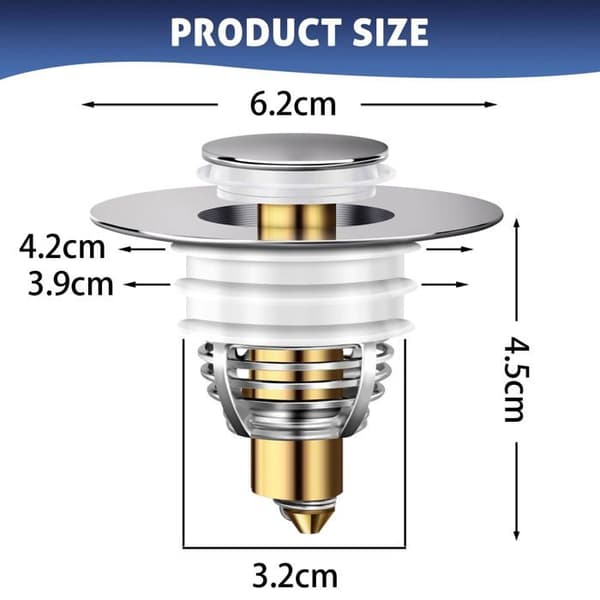 Universal pop-up bottenventil 32–42 mm – 2-pack, rostfritt stål & mässing, anti-igensättningsfilter