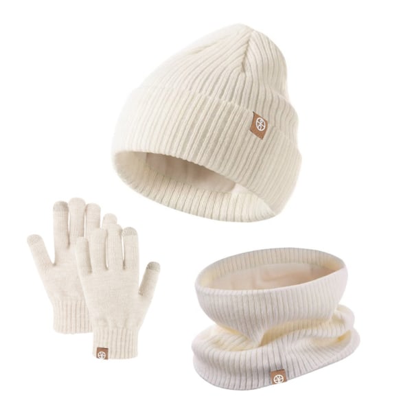 Ny vinter kid stickade handskar hatt hals 3 delar får fleece set Off white a set