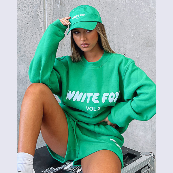 fox Fashion Street Trend Letter Engelska printed tröja byxor Set green shorts+jumper L#