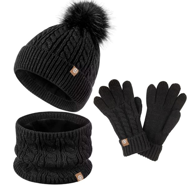 kid päls boll hatt scarf handskar 3 piece set vinter plysch varm sticka black a set