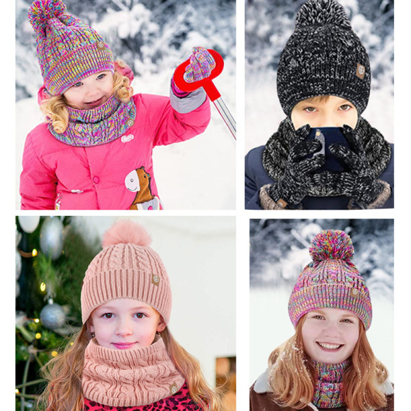 kid päls boll hatt scarf handskar 3 piece set vinter plysch varm sticka Pink a set