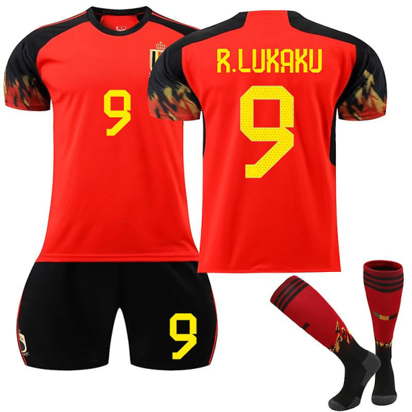 VM 2022-2023 Belgien Hemma Set No.9 Romelu Lukaku No.7 De Bruyne No.10 Eden Hazard T-shirt Vuxen Barn Fotbollsuniform No.9 Romelu Lukaku 16