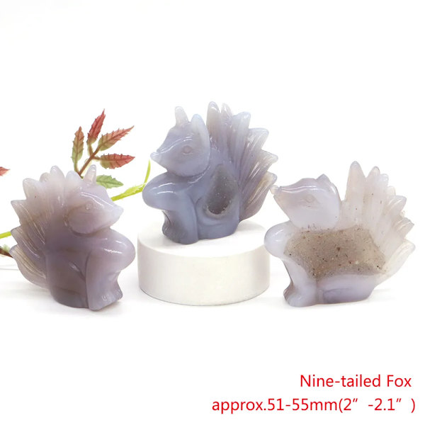 Svanörn Huvud Fisk Uggla Pingvin Staty Natursten Grå Agat Geod Healing Kristallsnideri Djurfigurer Hantverk Heminredning Nine-tailed Fox 3pcs Nine-tailed Fox 3pcs