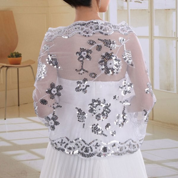 Ny brud bröllopsklänning kvinnor Cheongsam sjal vit spets broderade paljetter Lon