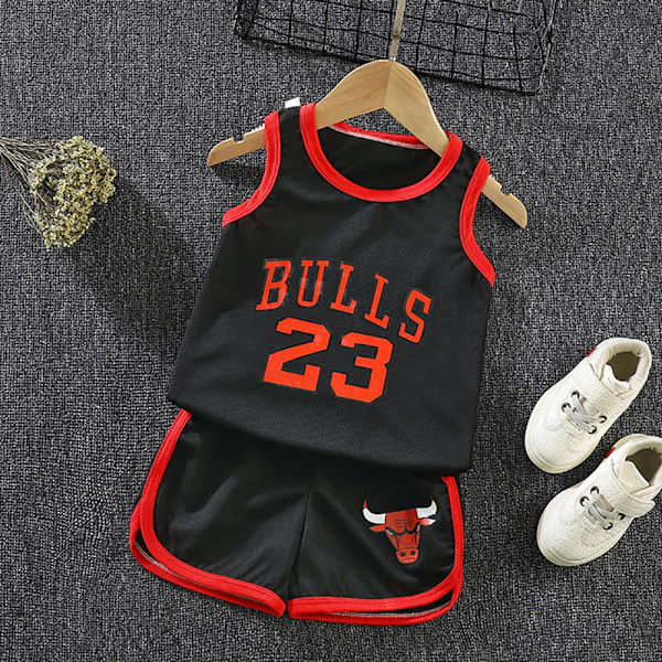 Basketball T-shirt Træningssæt Kits Tank Top T-shirt + Shorts Sæt - Perfekt Sort Rød BULLS 23 48-60 Måneder