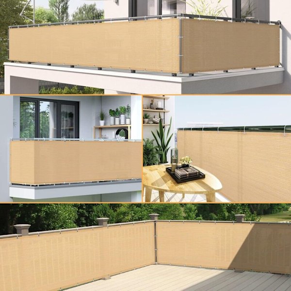 Balkonskærm 90 x 600 cm Privatlivsdækning 180 g/m² HDPE-stof UV-beskyttelse Vindskærm til have, terrasse, udendørs brug med kabelbindere og snore, sandfarvet