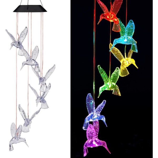 Solcellskolibri vindklocka ljus LED jul fjäril ljus trädgård sol vindklocka ljus landskap ljus trädgårdsbelysning Red 6 lamp holder Transparent Hummingbird