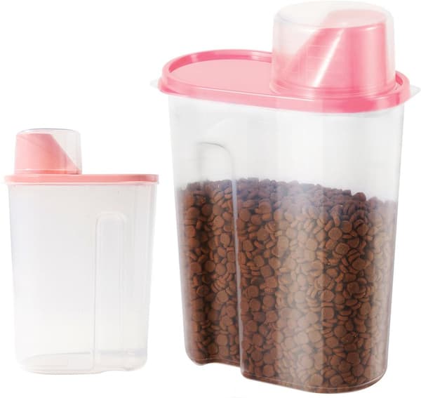 Lufttæt opbevaringsbeholdersæt til kæledyrsfoder med målebægerlåg, 2-pak 2,5L ABS tørfoderbeholder til hunde og katte, pink 25x15x8 cm