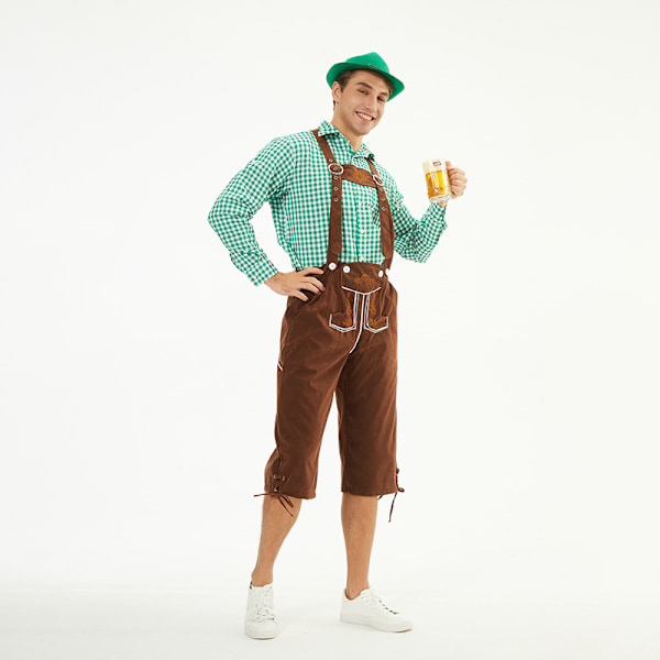 München Oktoberfest Klær Menn Plaid Skjorte Overalls Dress Scene Performance Klær Brown pants+green top (without hat) XL