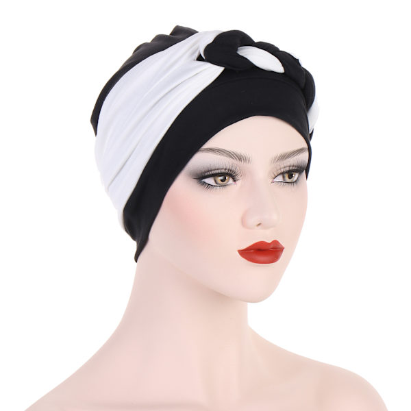 Sidfläta flerfärgad mjuk huvudduk hatt muslimsk kemoterapi hatt ny stil Two-tone black