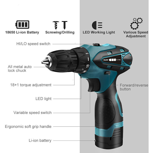 16.8V Sladdlös Skruvdragare med Batterier, 20Nm Borrskruvdragare, 18+1 Momentinställningar, 2 Hastigheter, LED, för DIY