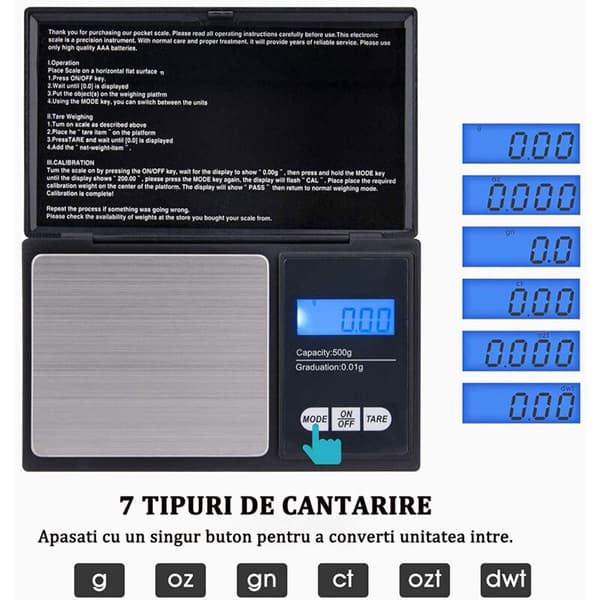 Smykkeskala, Minimum 0,01g, Maksimum 500g, LCD Digital Display, Professionel, Bærbar, Sort
