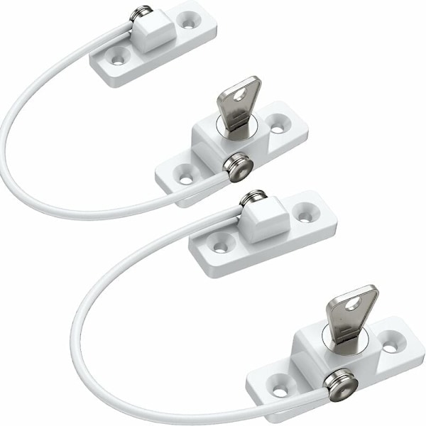 Barnesikring for vinduer, 2 stk. Barnesikring for vinduer i sinklegering og PVC med skruer og nøkler, perfekt for terrassedører - Hvit