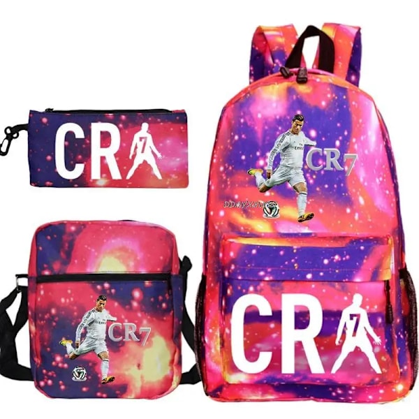 3pcs Fodbold CR7 Rygsæk 3D Print Teenagere Skuldertasker Kvinder Mænd Gymnasieelever Skole tasker Sort 1 Black 1