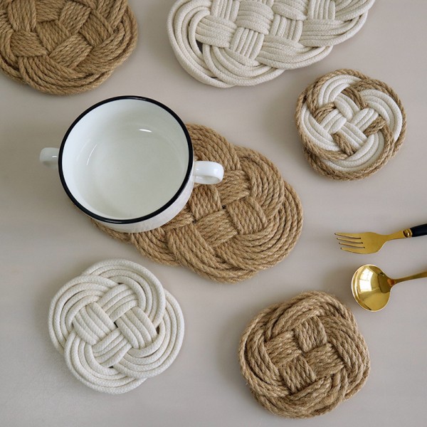ins stil bordstablett linne halm vävd underlägg grytunderlägg bomullstråd anti-skållning värmeisoleringsplatta rund matta White + linen mixed 16cm round