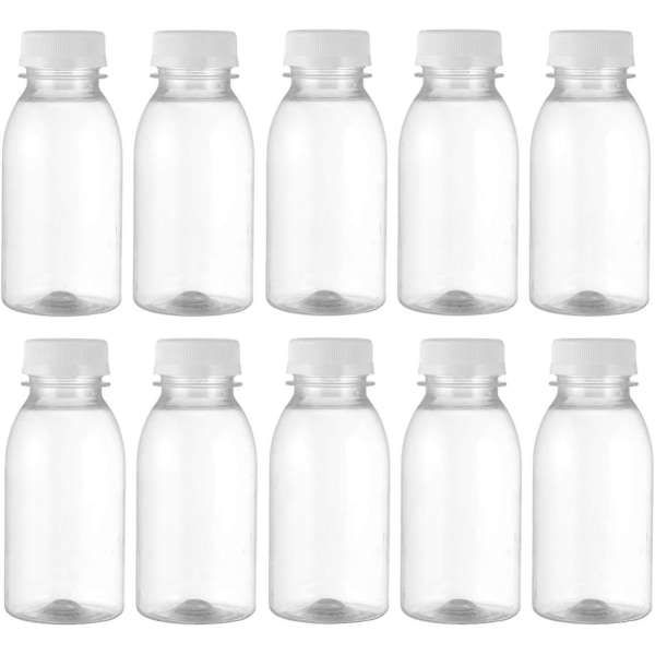 10 stycken 250 ml mjölkflaskor med lock, genomskinliga burkar, plast juiceflaskor, behållare för fester, hem, utomhus, resor