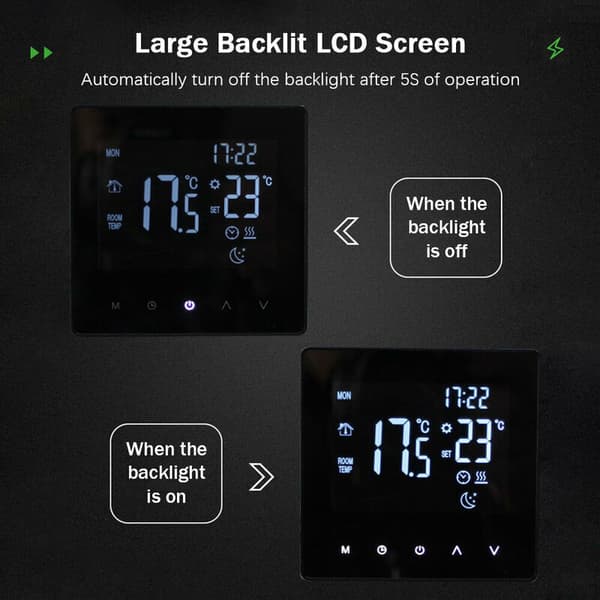 Programmerbar LCD Touch Termostat til Elektrisk Varme, Kompatibel med DEB, Sort
