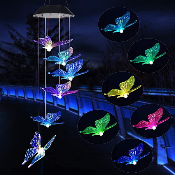 Solcelledrevet Kolibri Vindspil Lys LED Jul Sommerfugl Lys Have Sol Vindspil Lys Landskab Lys Have Lys Red 6 lamp holder Blue and red butterfly