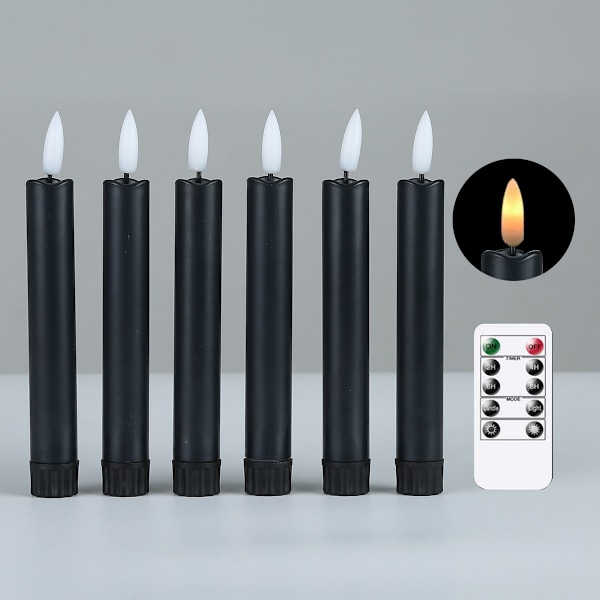 6 stk. Jule-, Valentinsdag- og bryllupsbølgemunn fjernkontroll lang stang elektronisk stearinlys Black shell 16.5 cm