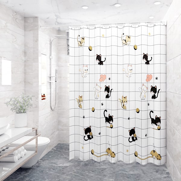 Suihkuverho vedenpitävä ja homeenkestävä osioverho söpö kissa setti 180 leveys * 200 korkeus + teleskooppinen 110-200 tanko + renkaat Cute cat Set180*200+110-200rod+ring