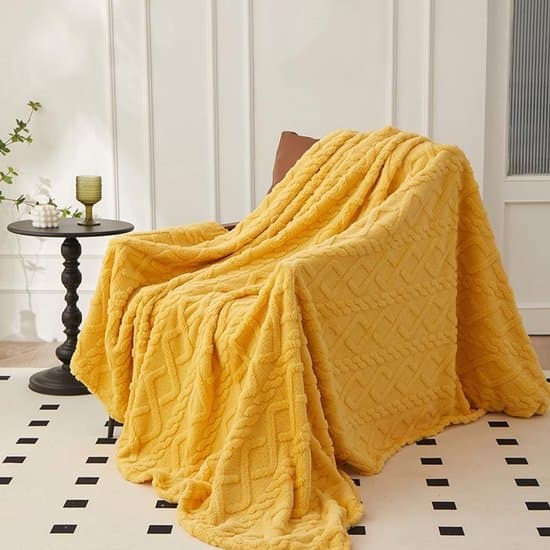 Supermjuk senapsgul pläd 100x150 cm, varm mysig mikrofiberstickad pläd för soffa vardagsrum, höst vinter heminredning